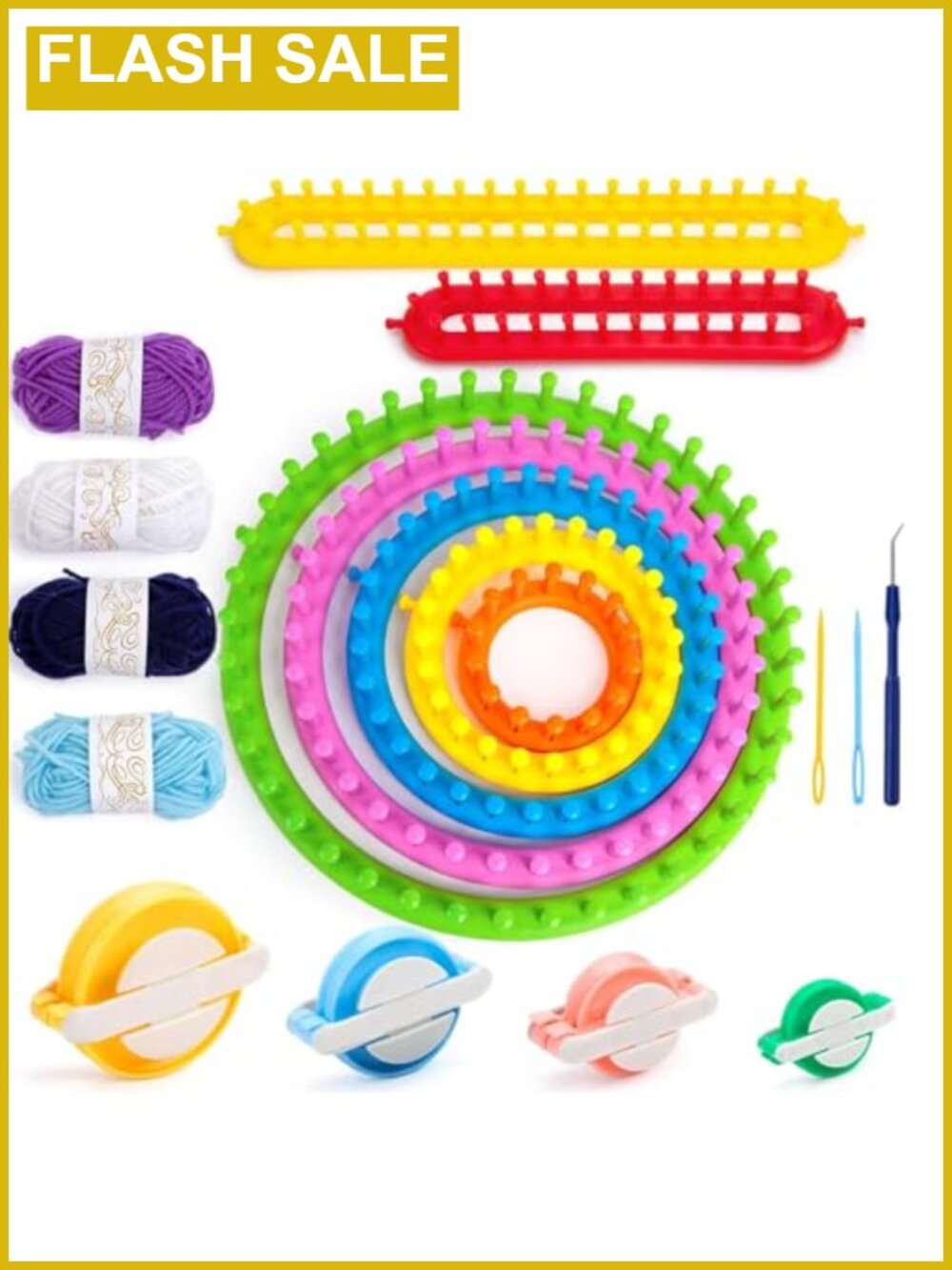 18PC Knitting Loom Set Round & Rectangular Looms, Pompom Makers, Yarn, Hooks